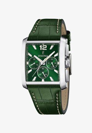 Grüne Lederarmbanduhr mit einem rechteckigen silbernen Gehäuse, grünem Zifferblatt, weißen Stundenmarkierungen und drei Unterzifferblättern, mit Krokodillederstruktur.
