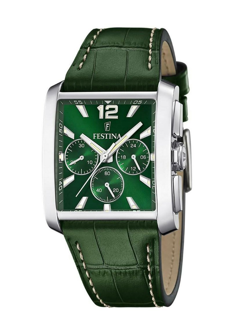 Reloj con correa de cuero verde, caja rectangular plateada, esfera verde, marcadores de hora blancos y tres subesferas, con textura de cocodrilo.