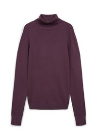Lila Rollkragenpullover mit langen Ärmeln, aus weichem, glattem Strickstoff. Hat einen enganliegenden Kragen und gerippte Bündchen und Saum.
