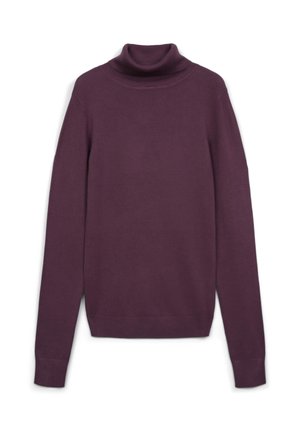 Un pull col roulé violet à manches longues, fabriqué en tissu tricot doux et lisse. Il présente un col ajusté et des poignets et un ourlet côtelés.
