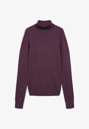 Maglione a collo alto viola con maniche lunghe, realizzato in morbido tessuto a maglia liscia. Presenta un collo aderente e polsini e orlo a coste.