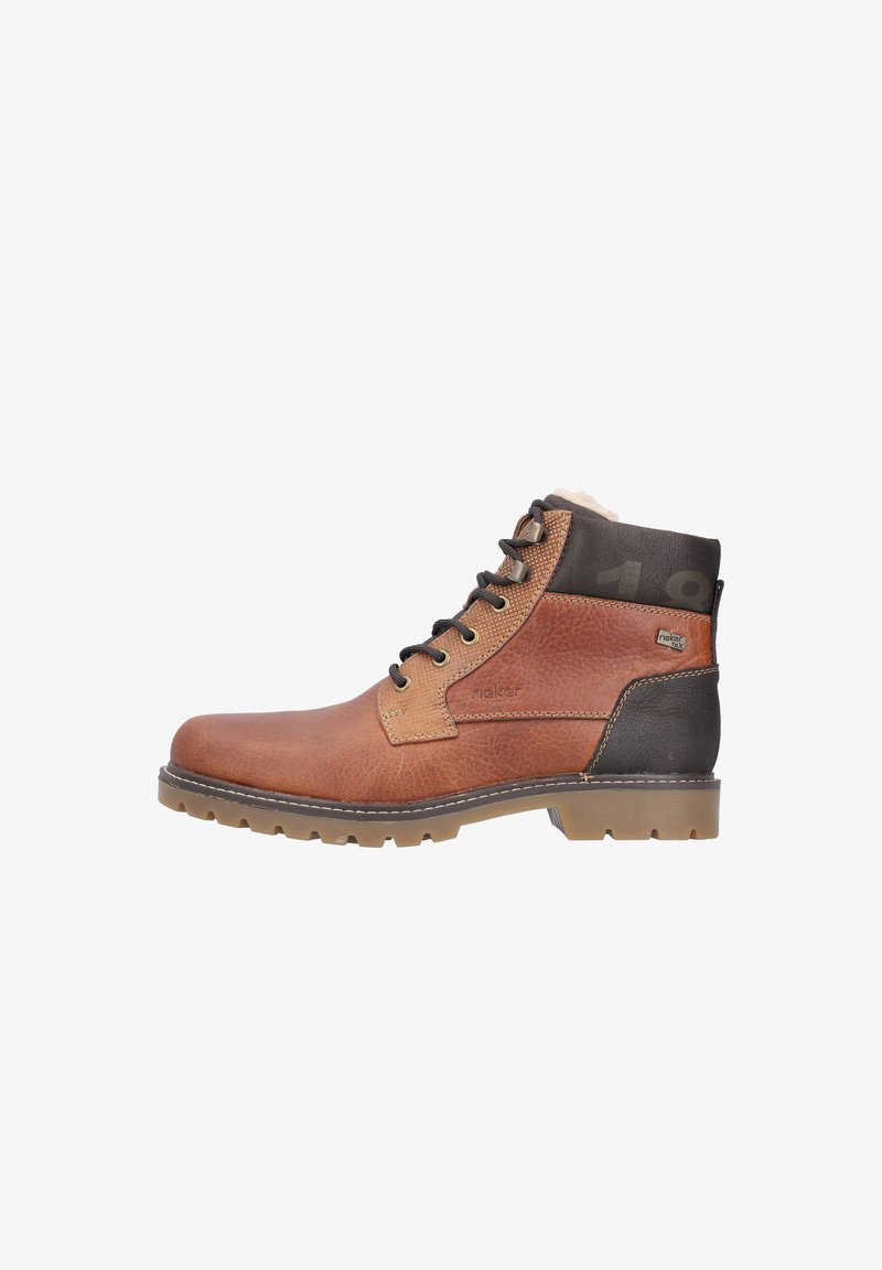 Bottines en cuir marron avec une finition texturée, talon noir et doublure en laine. Comprend des œillets en métal et une semelle en caoutchouc avec une bonne adhérence.
