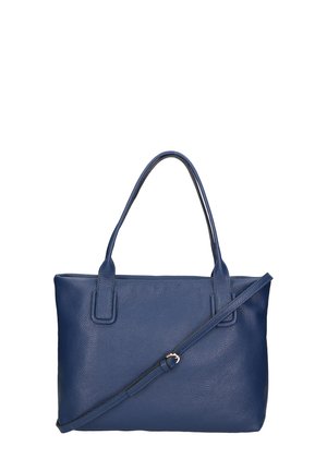 Blue leather handbag with dual handles, a detachable shoulder strap, textured surface, rectangular shape, and no visible hardware details.