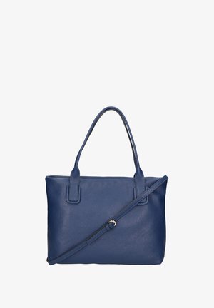 Sac à main en cuir bleu avec des poignées doubles, une bandoulière amovible, une surface texturée, une forme rectangulaire et sans détails matériels visibles.