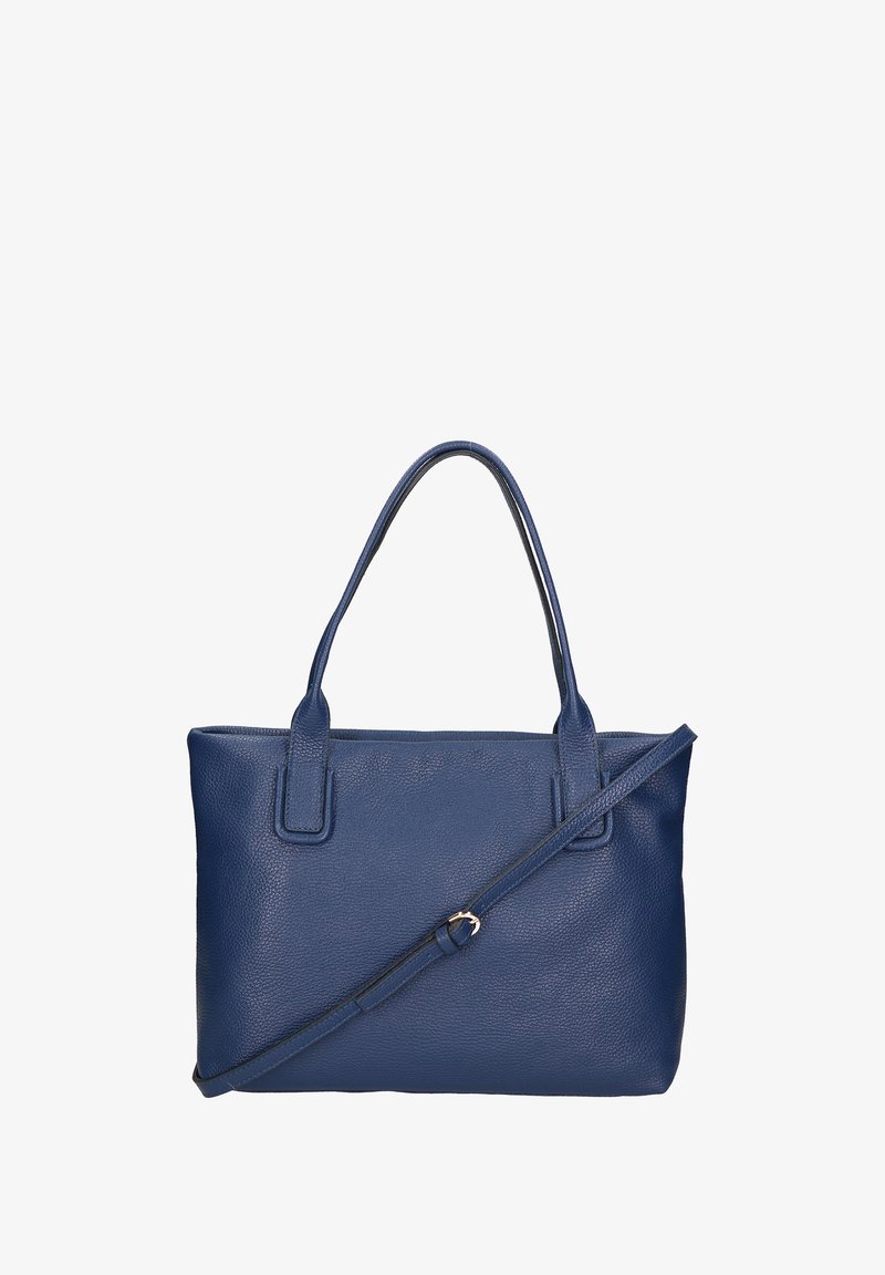 Sac à main en cuir bleu avec des poignées doubles, une bandoulière amovible, une surface texturée, une forme rectangulaire et sans détails matériels visibles.
