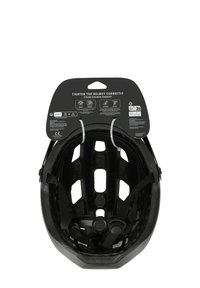 Schwarzer Fahrradhelm-Innenraum mit verstellbaren Riemen, Belüftungsöffnungen und Anleitungslabel auf der Rückseite. Matte Optik, ergonomisches Design.