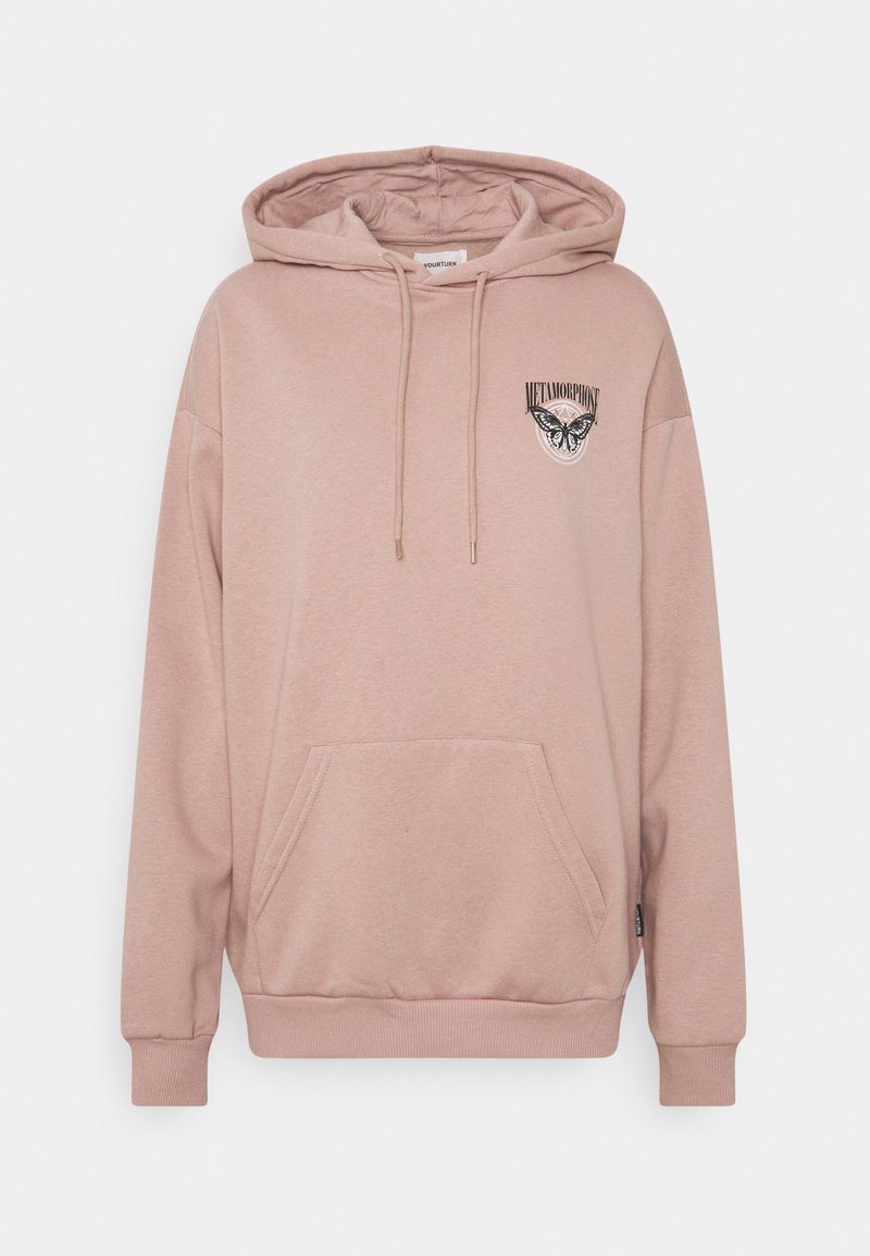 Felpa con cappuccio rosa polvere in tessuto morbido, con tasca a marsupio frontale, cappuccio con coulisse regolabile e grafica di una farfalla sul petto.