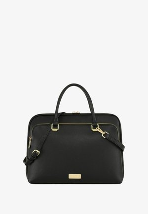 Czarna skórzana torba o chropowatej fakturze, z podwójnymi uchwytami u góry, odpinanym paskiem na ramię, złotymi elementami oraz detalami w postaci zamka błyskawicznego.