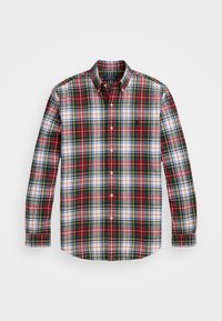 Camicia a maniche lunghe a quadri con motivi a scacchi rossi, verdi, neri e bianchi. Colletto button-down, chiusura frontale con bottoni e orlo curvo.