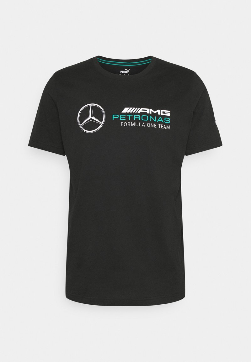 T-shirt en coton noir avec un col rond, des manches courtes et des motifs sur le devant : logo Mercedes-Benz, "AMG PETRONAS" et "FORMULA ONE TEAM".