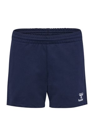 Marinblå atletiska shorts med elastisk midja. Tillverkade av mjukt tyg och har en vit logotyp på nedre högra sidan. Enkel design.