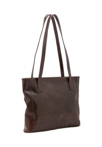 Borsa a tracolla in pelle marrone con una texture liscia, forma rettangolare e due manici lunghi. Caratterizzata da cuciture minime e design elegante.