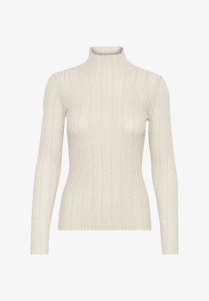 Világos bézs bordázott garbós pulóver hosszú ujjakkal. Texturált kötött anyagból készült, függőleges csíkokkal és testhez simuló fazonnal.