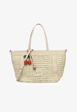 Bolso tote tejido beige con ribete de cuero, doble asa, correa ajustable, cremallera con tirador en forma de cereza y parche con el logo "V°73" en el frente.