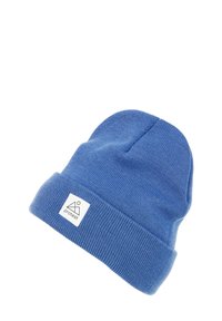 Beanie blu in maglia con risvolto, caratterizzato da un piccolo patch con logo bianco. Texture morbida e forma flessibile per una vestibilità comoda.
