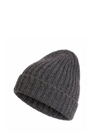 Donkergrijze geribbelde gebreide muts met opgevouwen boord, gemaakt van dik, comfortabel wol of wolmengsel.