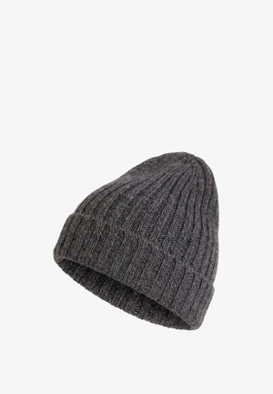 Bonnet en tricot côtelé gris foncé avec revers, fabriqué en laine épaisse et confortable ou en mélange de laine.