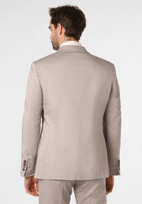 Light gray suit jacket made of smooth fabric, featuring a single vent, notched lapels, and four button accents on the sleeves.