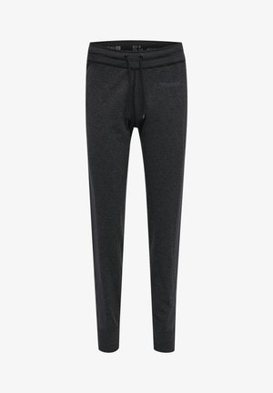 Dark gray slim-fit sweatpants with an adjustable drawstring waistband and subtle brand logo on the upper left thigh.