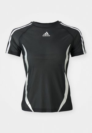 Black Adidas short-sleeve athletic shirt with white stripes on shoulders and silver curved accents on sides.
