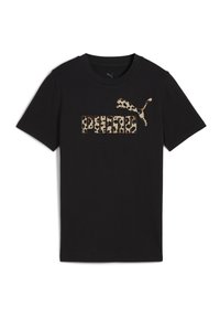 Črna bombažna majica s kratkimi rokavi, ki prikazuje leopardji potisk logotipa "PUMA" in skakovitega pumastevila v kontrastnih svetlo rjavi in temno rjavi odtenkih. Ima okroglo ovratnico.