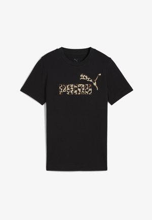 Μαύρο βαμβακερό μπλουζάκι με λογότυπο "PUMA" σε λεοπάρ σχέδιο και γραφικό με πηδηχτό πούμα σε αντίθεση καφέ και καφετί αποχρώσεις. Κοντά μανίκια και στρογγυλή λαιμόκοψη.