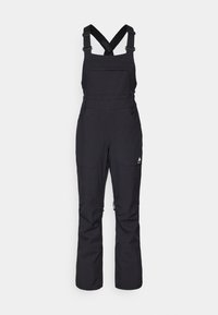 Black overalls featuring adjustable shoulder straps, multiple pockets, a waterproof material, and a wide-leg design.