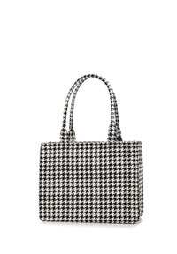 Sac à main noir et blanc à motif pied-de-poule avec deux anses tressées, forme rectangulaire et surface en tissu texturé.