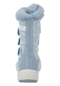 Stivali azzurri chiari con una soffice cuffia in pelliccia sintetica, pannelli tessili opachi e lucidi, e tre fasce in velcro per una chiusura sicura.