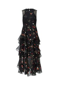 Black floral dress with layered ruffles, sleeveless design, lace accents at the neckline, featuring a mix of red, pink, and white flowers.