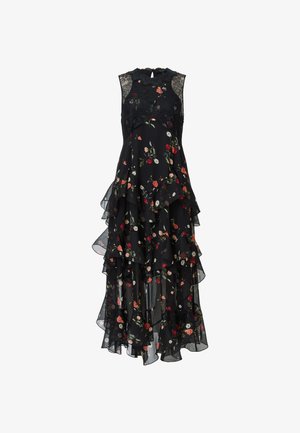 Robe noire à fleurs avec des volants superposés, sans manches, ornée de dentelle au niveau du col, présentant un mélange de fleurs rouges, roses et blanches.