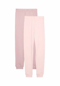 Dos pares de pantalones, uno de color rosa claro y otro color mauve, hechos de tela acanalada. Ambos cuentan con cinturillas elásticas y puños ajustados en los tobillos.