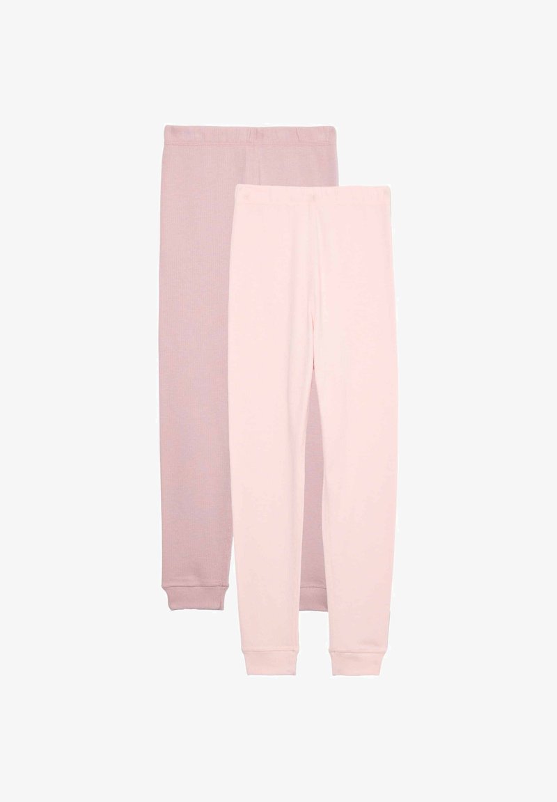 Dos pares de pantalones, uno de color rosa claro y otro color mauve, hechos de tela acanalada. Ambos cuentan con cinturillas elásticas y puños ajustados en los tobillos.