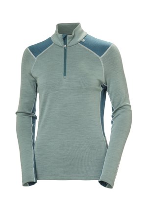 Suéter de manga larga en verde azulado claro con cuello con cremallera, cuerpo texturizado, paneles de hombro lisos y acentos azules contrastantes en las mangas.