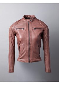 Brown leather jacket with zipper closures, fitted design, quilted shoulder details, and two front zippered pockets. Smooth texture.