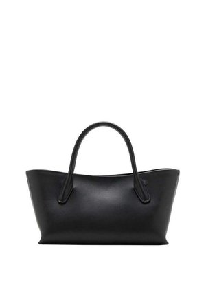 Bolso de mano de cuero negro con dos asas y una forma rectangular ligeramente cónica, mostrado sobre un fondo blanco.