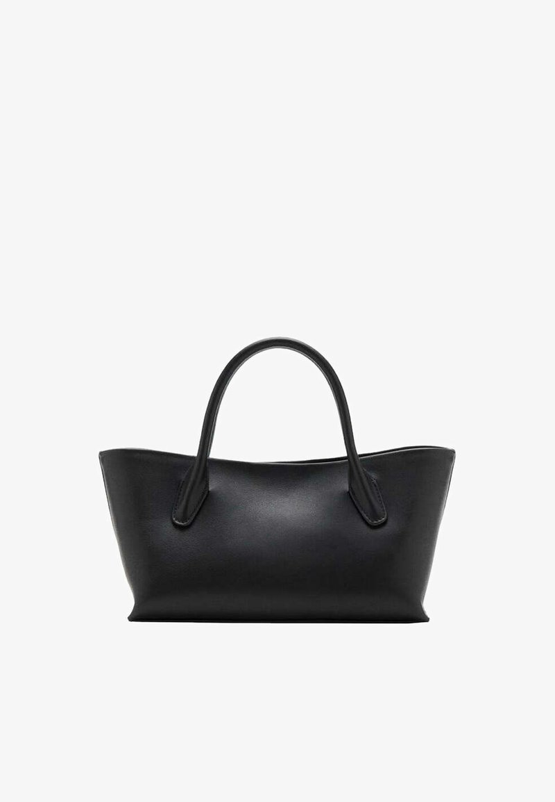 Sac à main en cuir noir avec deux poignées et une forme rectangulaire légèrement effilée, présenté sur fond blanc.
