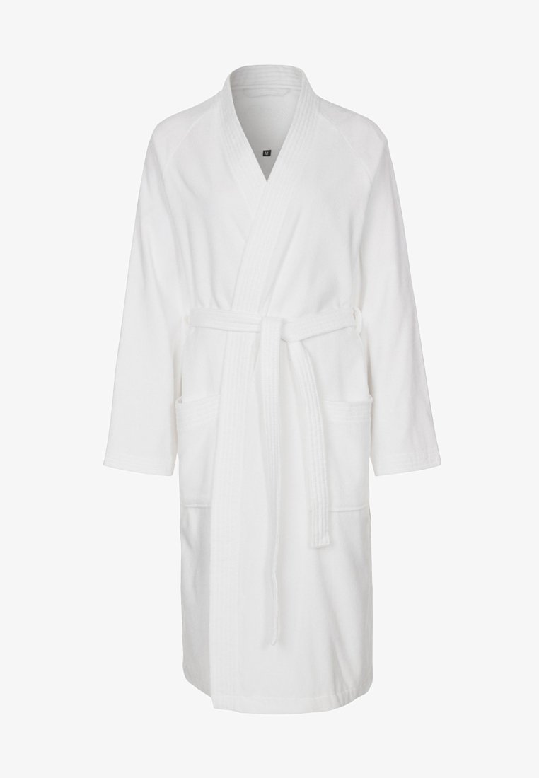 White cotton bathrobe with a shawl collar, belted waist, and two front pockets. Features textured fabric and three-quarter sleeves.