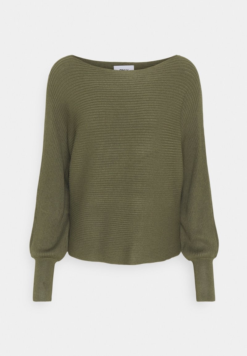 Pull en maille côtelée vert olive avec large encolure bateau et longues manches ballon terminées par des poignets ajustés.