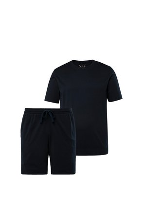Granatowa bawełniana koszulka z okrągłym dekoltem i krótkimi rękawami, w komplecie z pasującymi granatowymi szortami z elastycznym pasem i sznurkiem do regulacji.