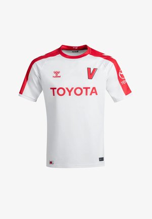 White short-sleeve jersey with red accents on shoulders and collar. Features "TOYOTA" in red and "V" logo in black. Made from polyester.