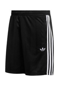 Fekete, sima anyagból készült sportos rövidnadrág, melynek oldalán fehér három csíkos mintázat található, valamint az alsó bal oldalon egy kis logó.