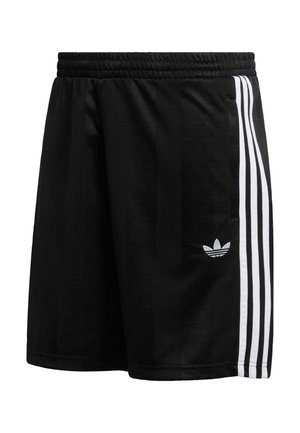 Zwarte atletische shorts gemaakt van glad materiaal, met een wit ontwerp van drie strepen aan de zijkanten en een klein logo aan de onderkant links.