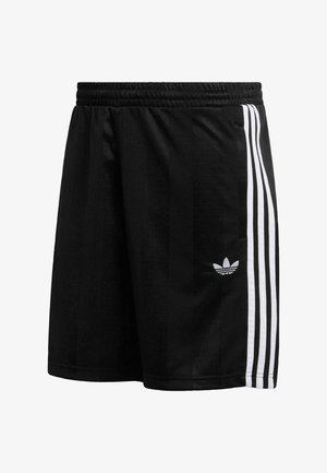 Zwarte atletische shorts gemaakt van glad materiaal, met een wit ontwerp van drie strepen aan de zijkanten en een klein logo aan de onderkant links.