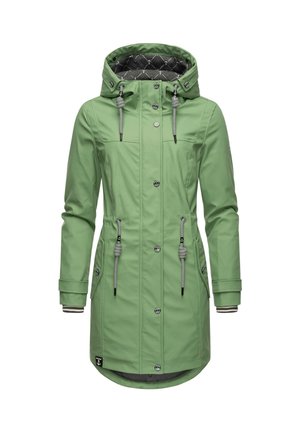 Imperméable long vert avec capuche, boutons devant, cordons de taille réglables, poches latérales et doublure intérieure matelassée avec motif d'ancre.
