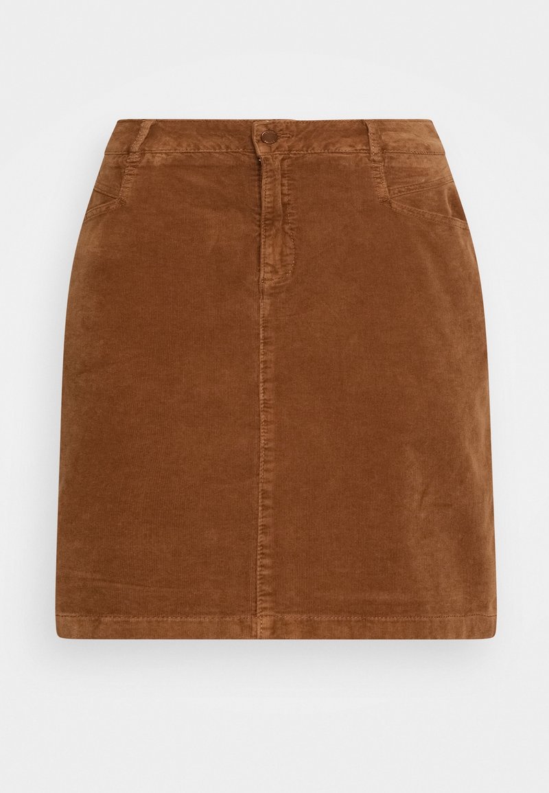 Mini-jupe en velours côtelé marron avec fermeture avant par bouton et zip, deux poches avant et passants pour ceinture.