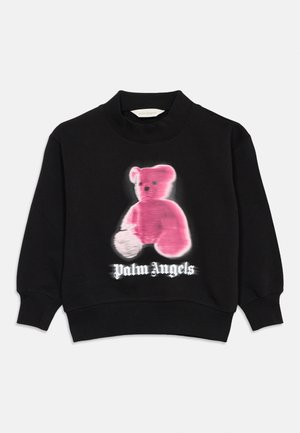 Czarna bluza z różową grafiką misia i białym napisem "Palm Angels" z przodu, z wysokim okrągłym dekoltem i prążkowanymi mankietami.