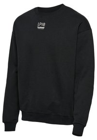 Svart långärmad crewneck-tröja med vit text "LPIO hummel SPORTSWEAR" på övre bröstet, ribbstickade muddar och fåll.