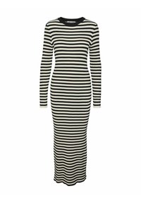 Robe à manches longues rayée en noir et crème, texture côtelée, design ajusté, col rond et silhouette longue jusqu'aux chevilles.