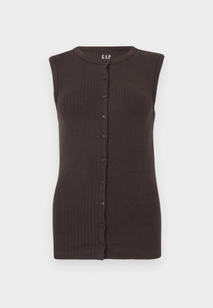 Αμάνικη ριμπ μπλούζα σε σκούρο καφέ χρώμα με κουμπιά, στρογγυλή λαιμόκοψη, εφαρμοστή σιλουέτα και κουμπιά κατά μήκος του κεντρικού μπροστινού μέρους.